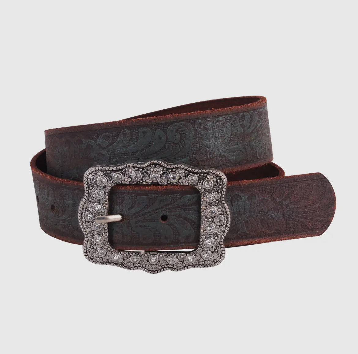 Tooled Leather Belt with Vintage Rhinestone Buckle