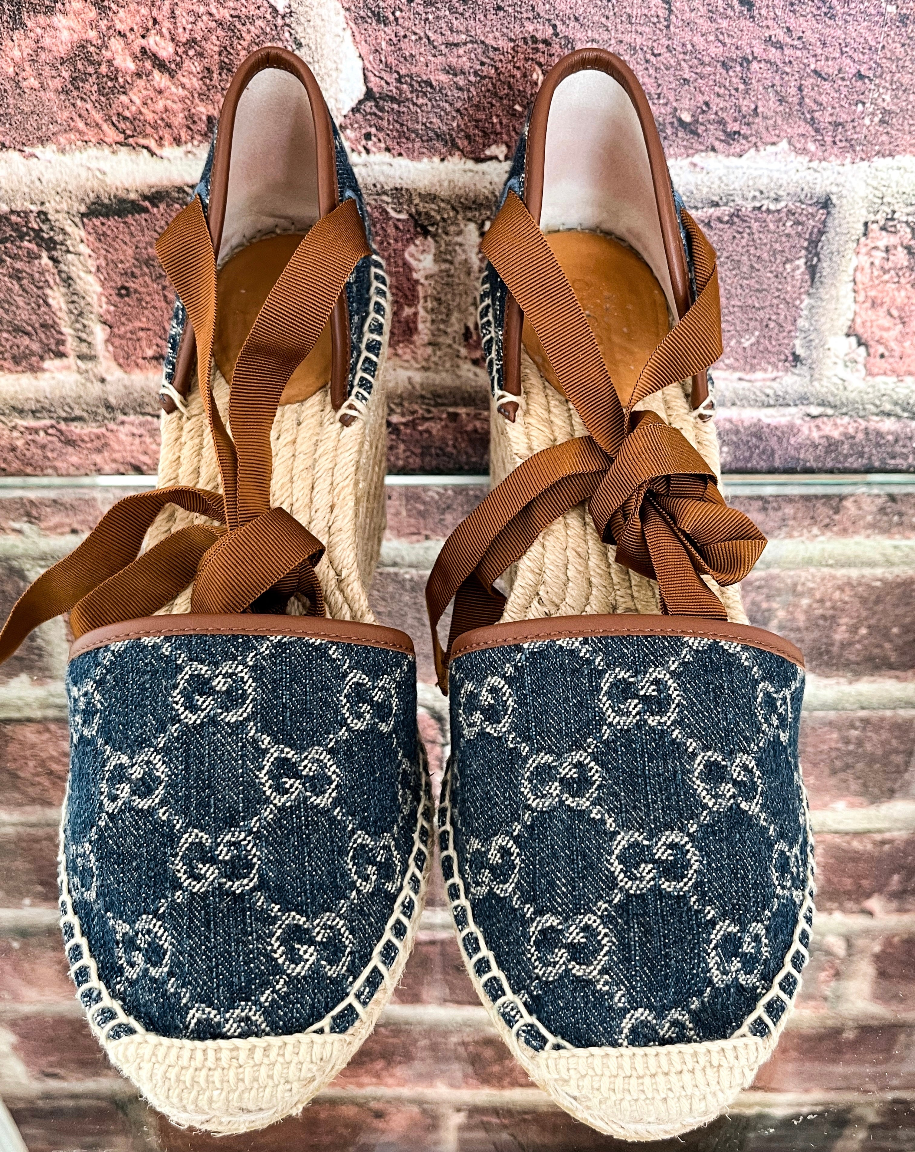 Gucci Pilar GG Ankle Tie Espadrille Wedge