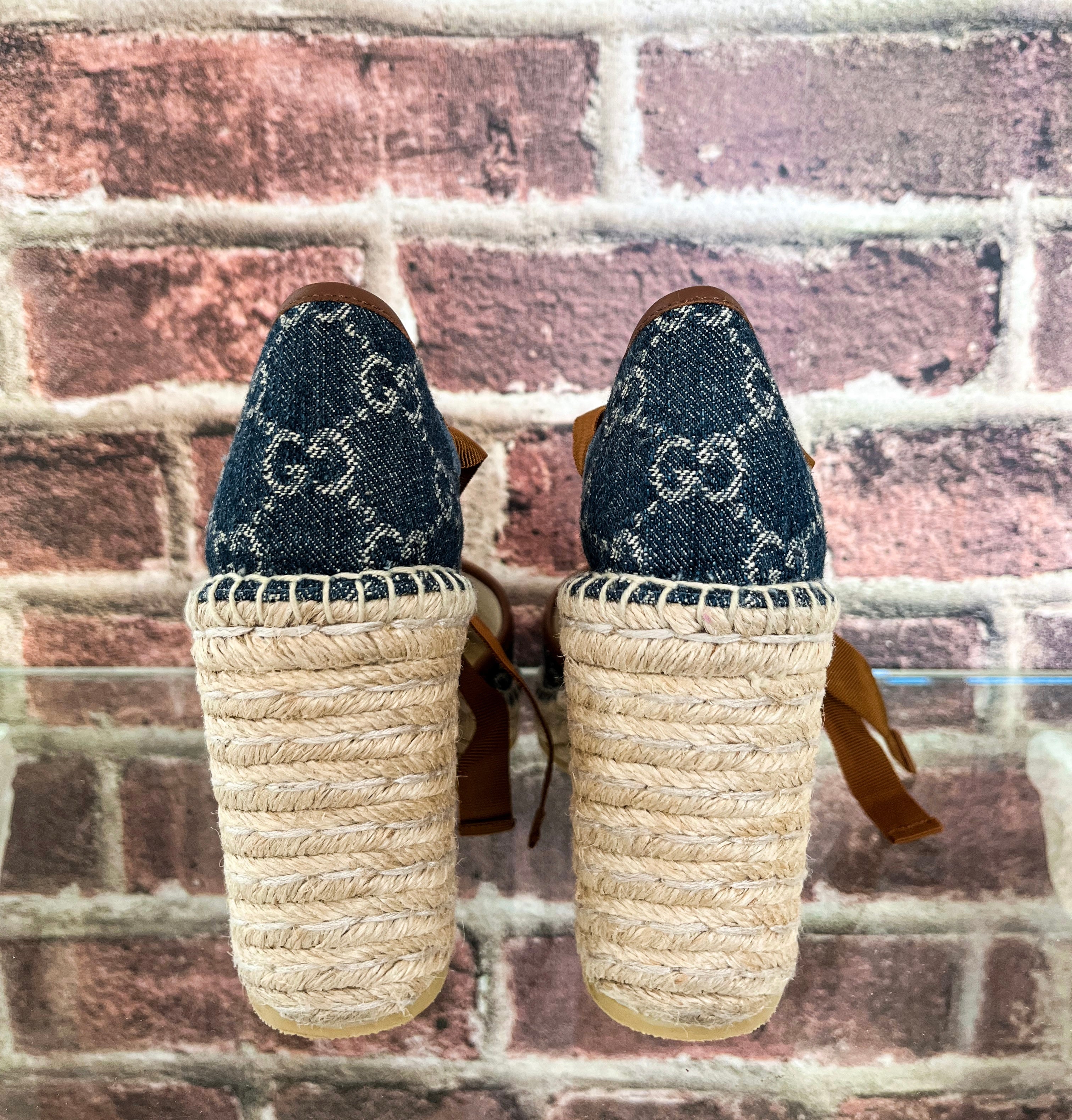 Gucci Pilar GG Ankle Tie Espadrille Wedge