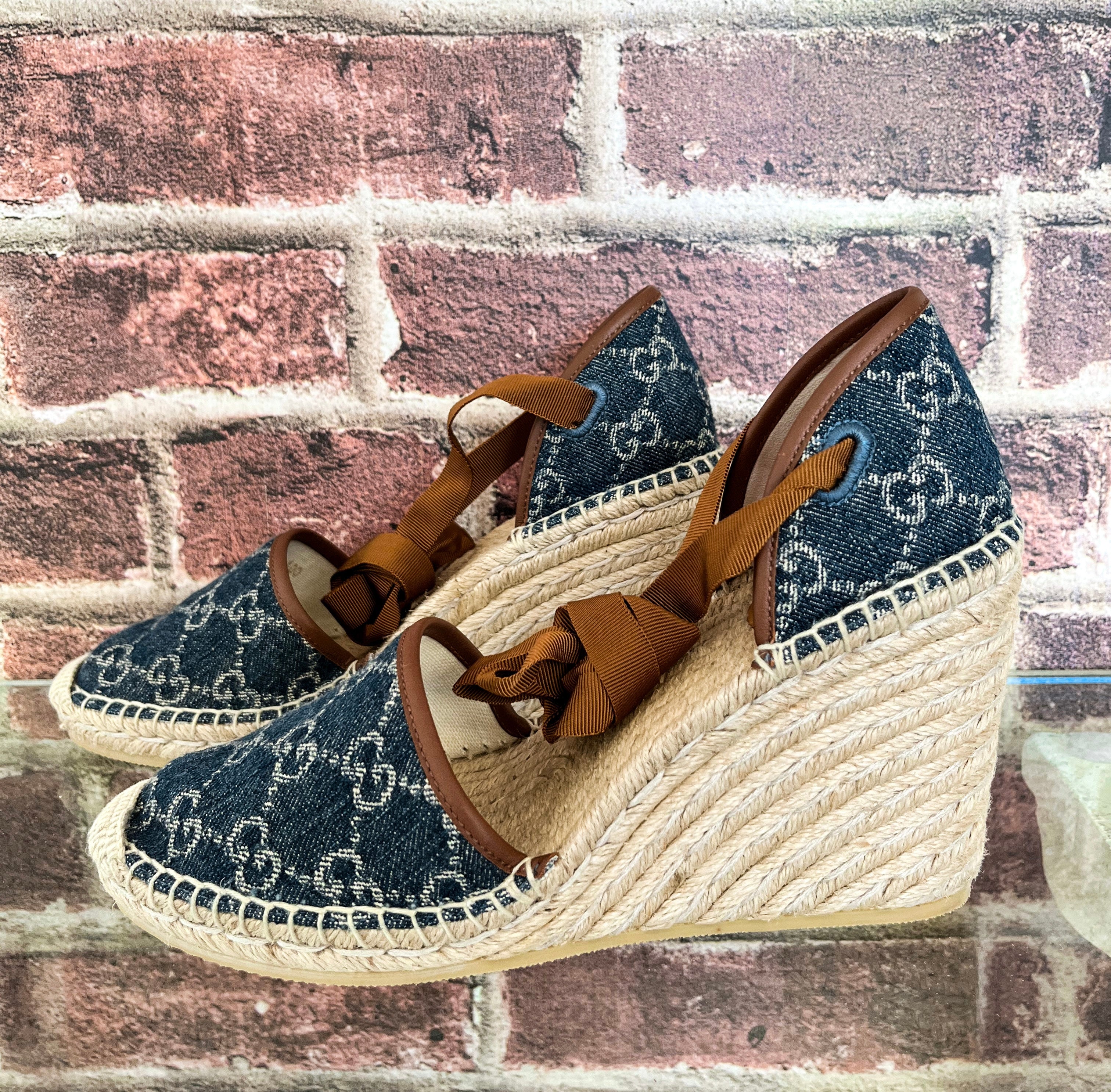 Gucci Pilar GG Ankle Tie Espadrille Wedge