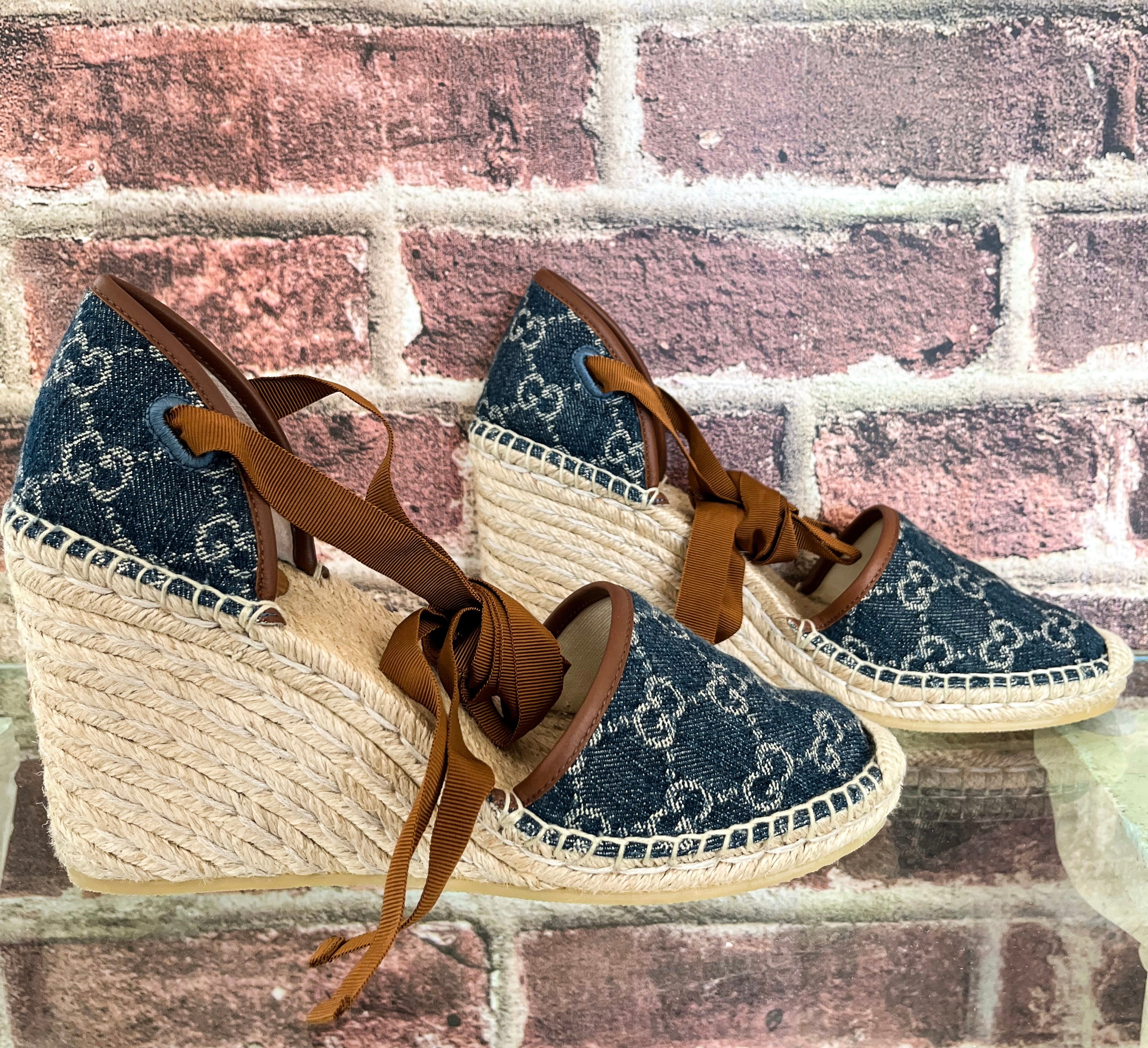 Gucci Pilar GG Ankle Tie Espadrille Wedge