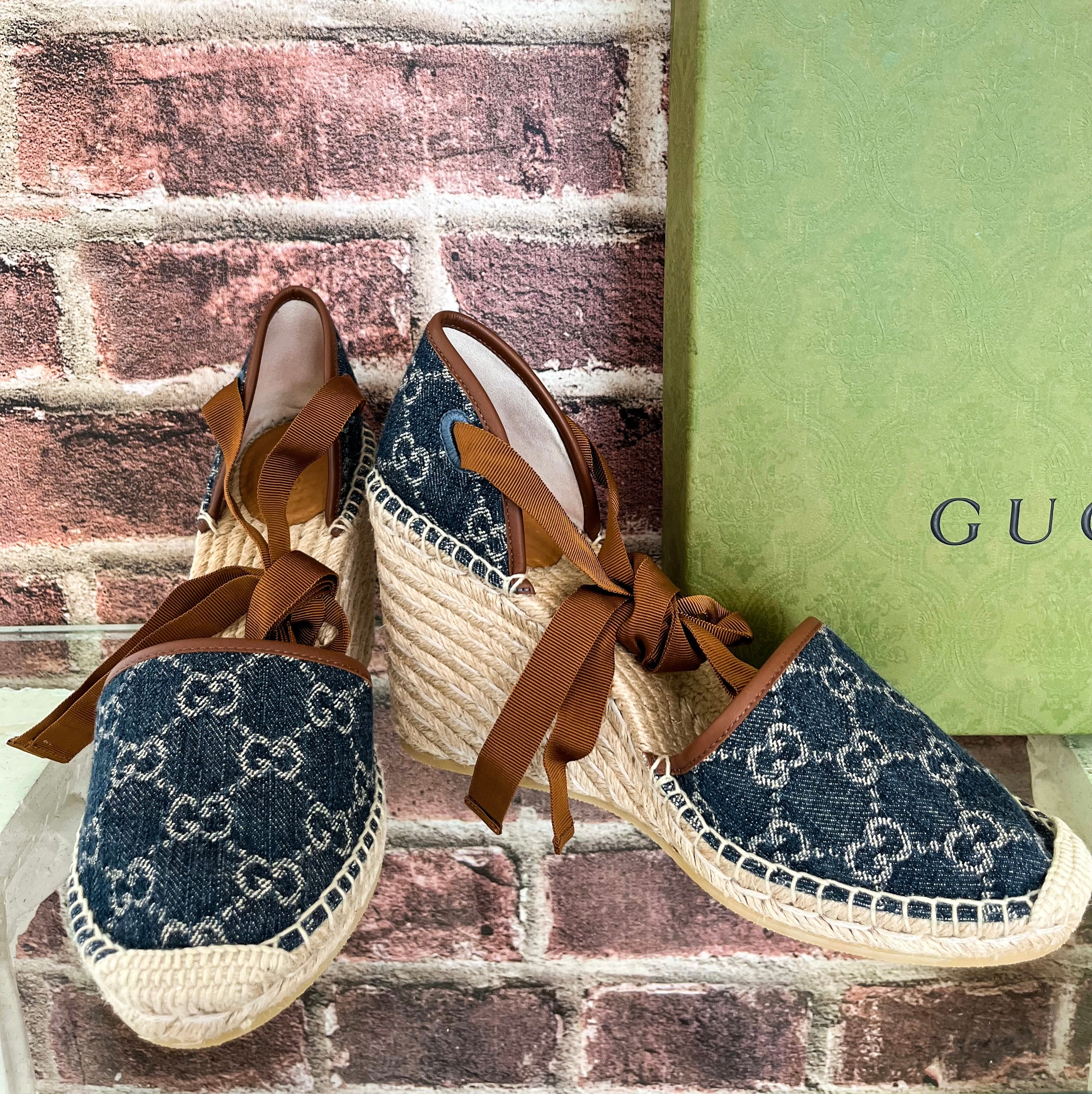 Gucci Pilar GG Ankle Tie Espadrille Wedge