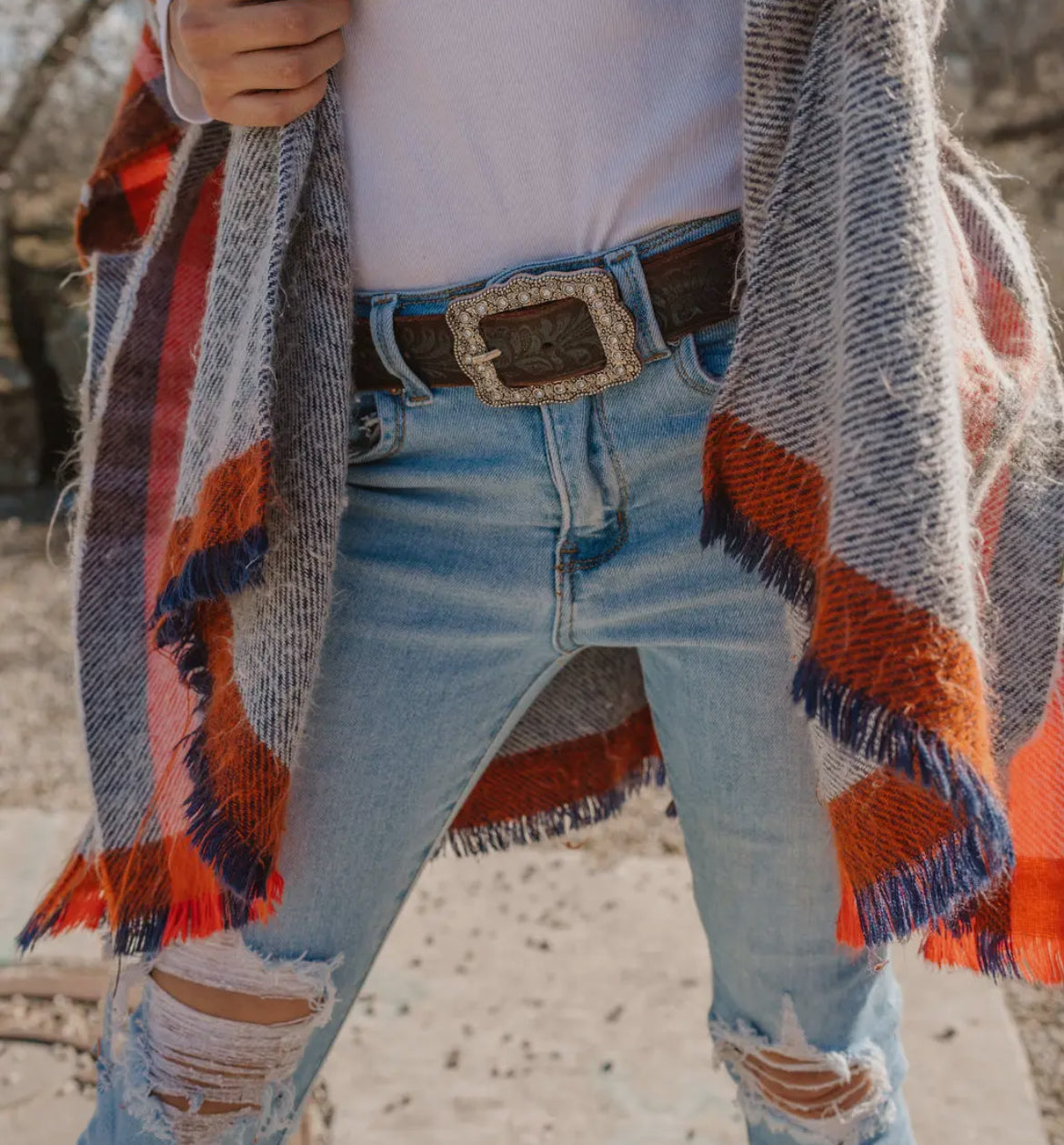 Tooled Leather Belt with Vintage Rhinestone Buckle