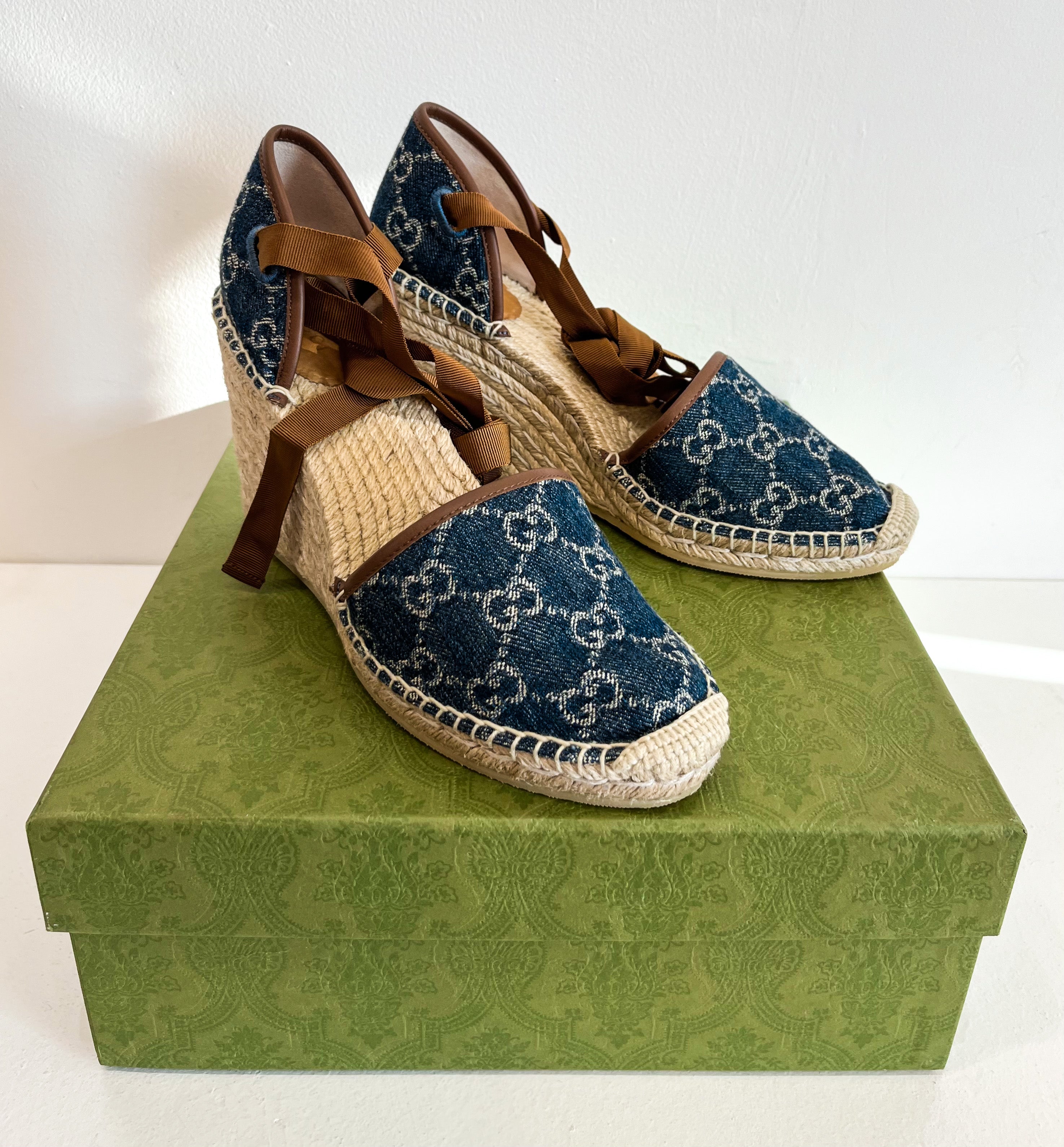 Gucci Pilar GG Ankle Tie Espadrille Wedge